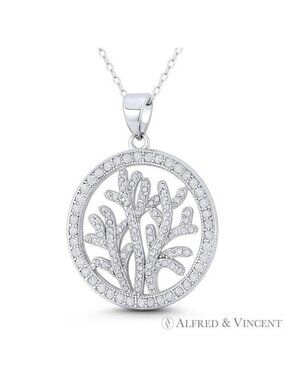 Seaweed Ocean Plantlife CZ Crystal Pendant in .925 Sterling Silver w/ Rhodium